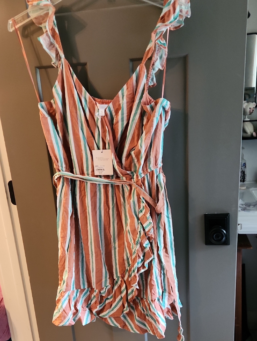 NEW $54 LC Lauren Conrad Striped Wrap Dress in Coral, Teal & White XL